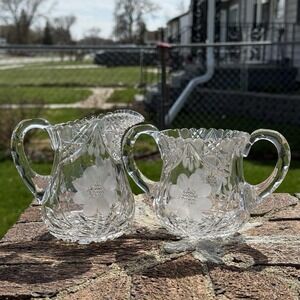 Vintage Cut Glass Creamer Sugar Set Floral Pattern Pressed Glass Pitcher